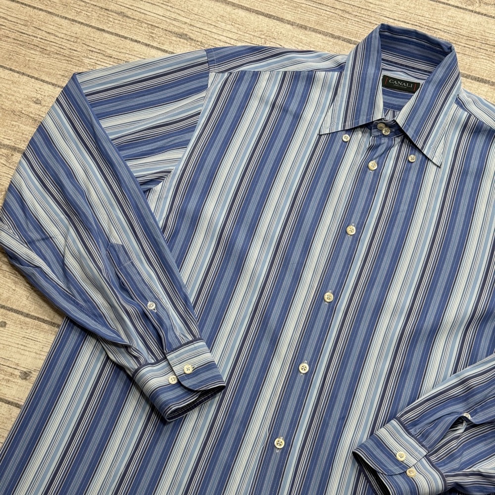 Canali Sportswear Shirt Men's Large Blue Striped Long Sleeve Button Down Italy